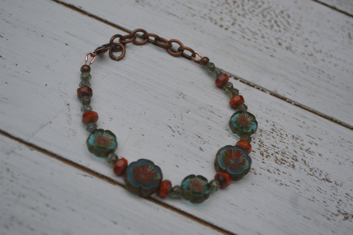 Czech Glass Dark Turquoise Flower Bracelet and Earring Set