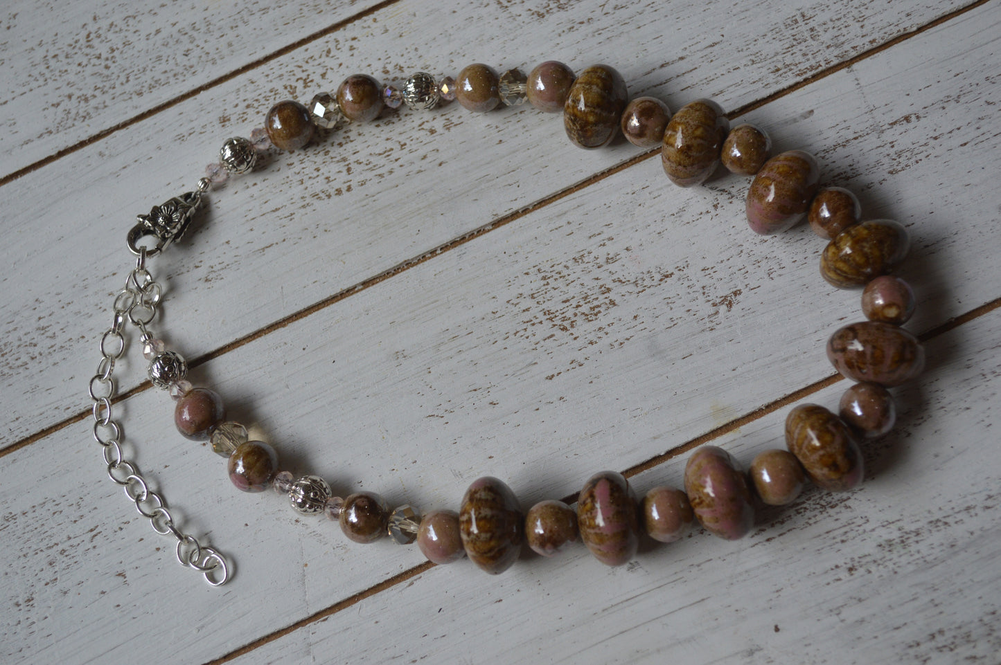 Ceramic Tan and Pink Necklace and Bracelet Set