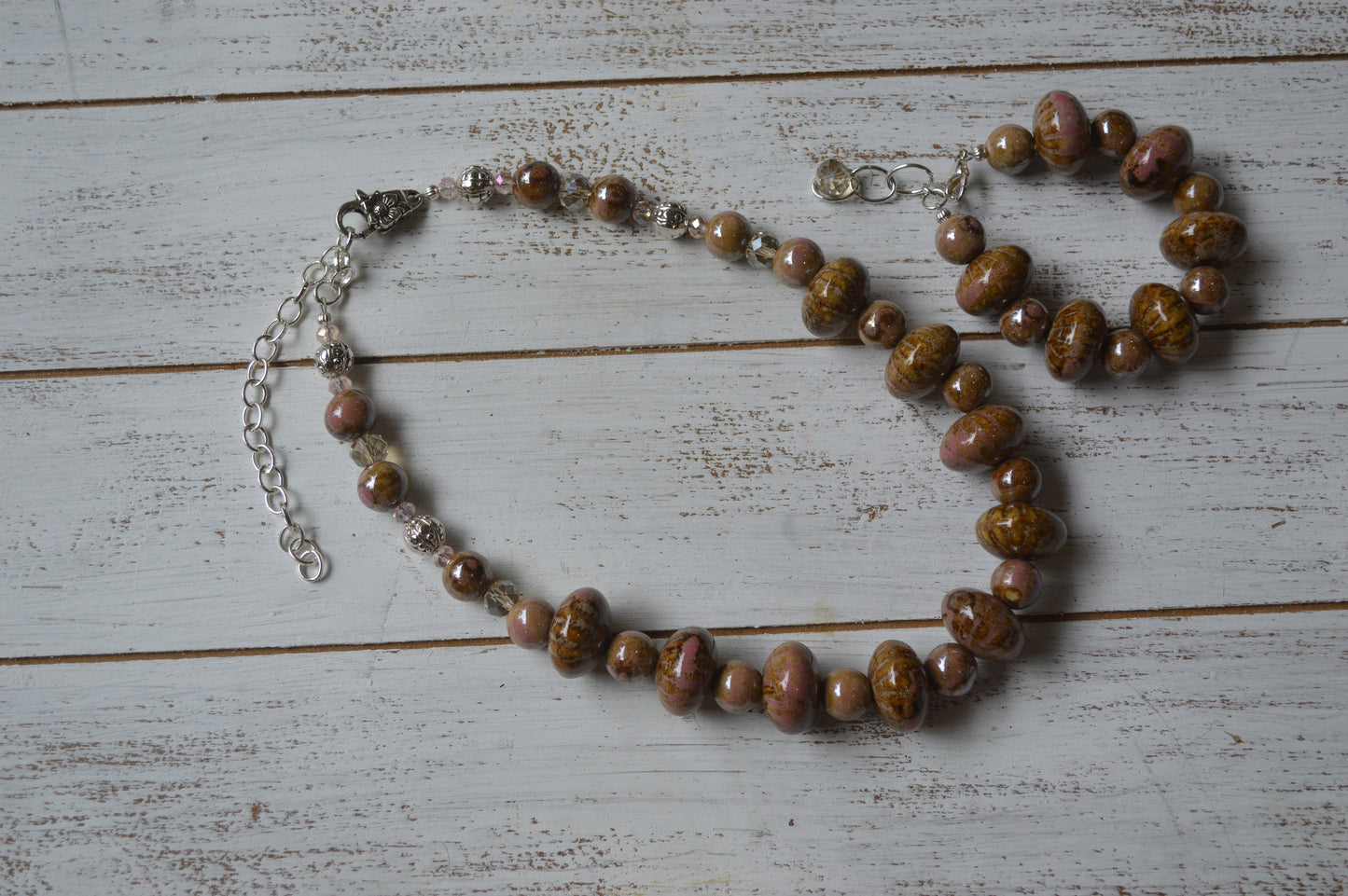 Ceramic Tan and Pink Necklace and Bracelet Set