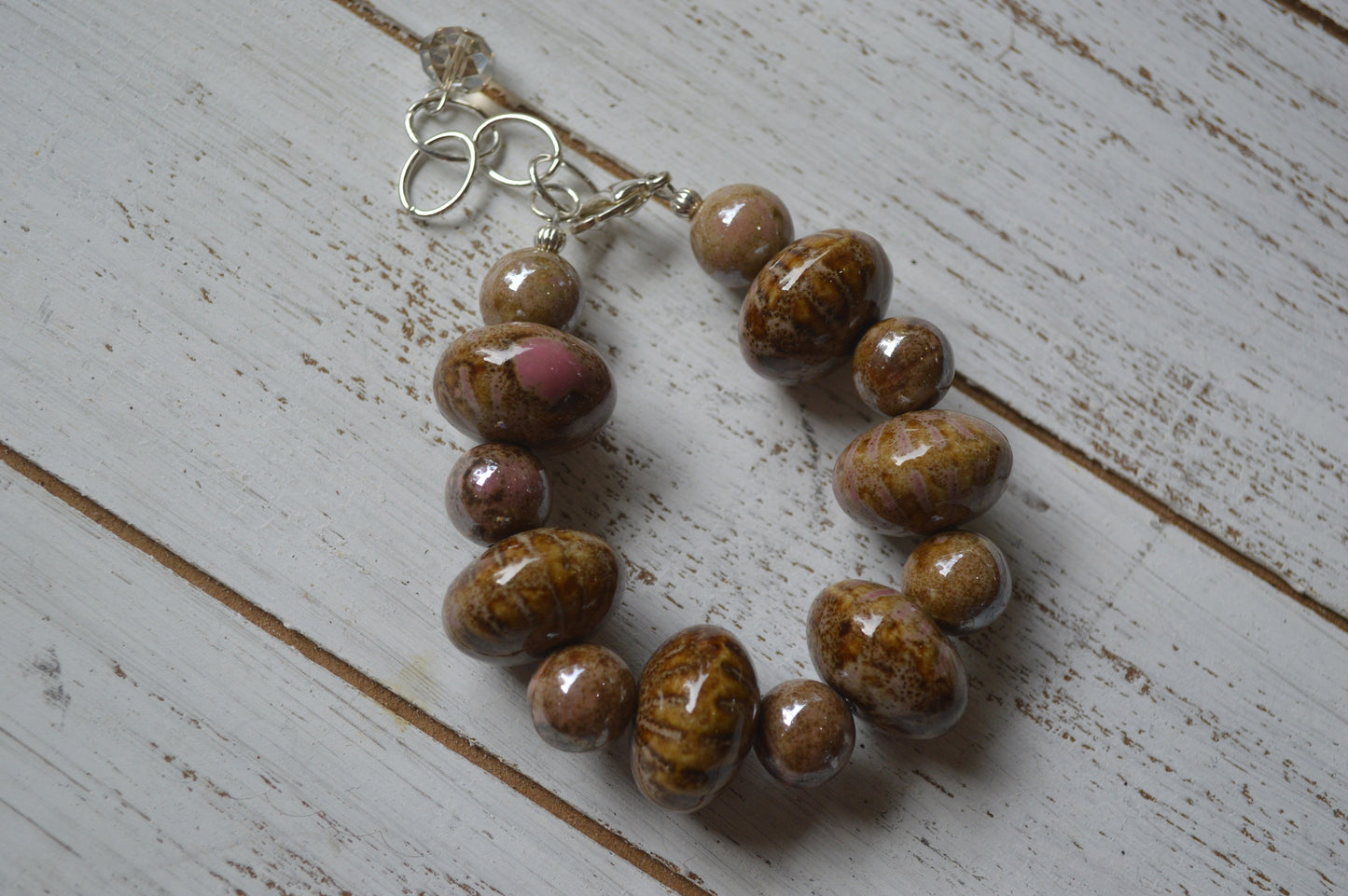 Ceramic Tan and Pink Necklace and Bracelet Set